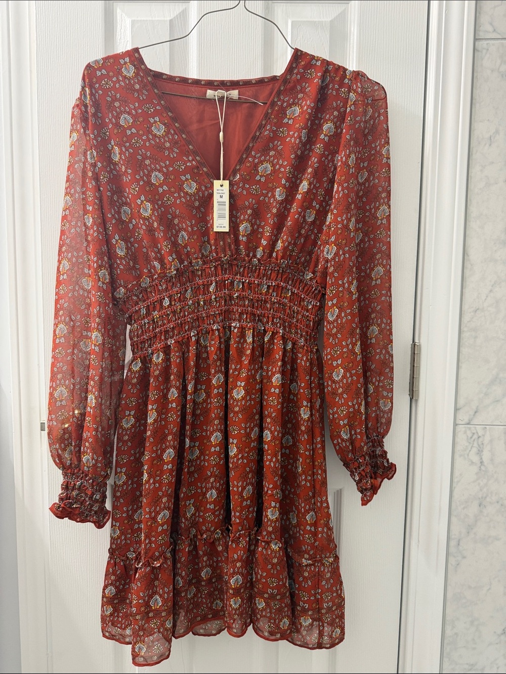 Max Studio Rust Floral Smocked V-Neck Long Sleeve Dress